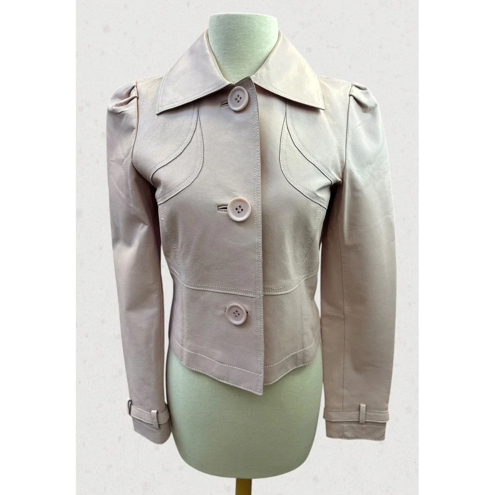 Spiegel Genuine Leather Jacket Pink Blush Puff Sleeve Y2K Cropped Women's Size 4 - Picture 2 of 16
